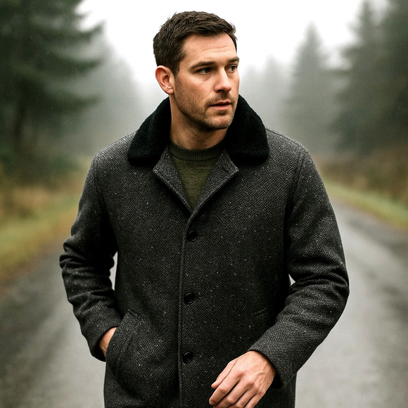 Huckberry Vintage XL Tweed 100% Wool Shearling Coat $550 Long Jacket Black Gray - Picture 3 of 13